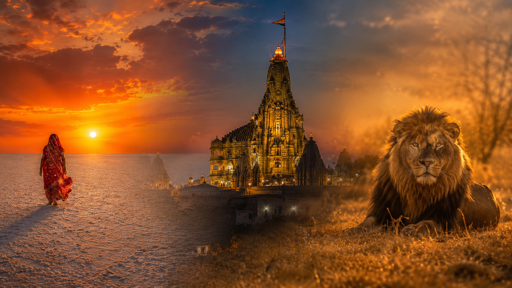 Gujarat — Rann of Kutch, Dwarka temple at sunset and Gir lion